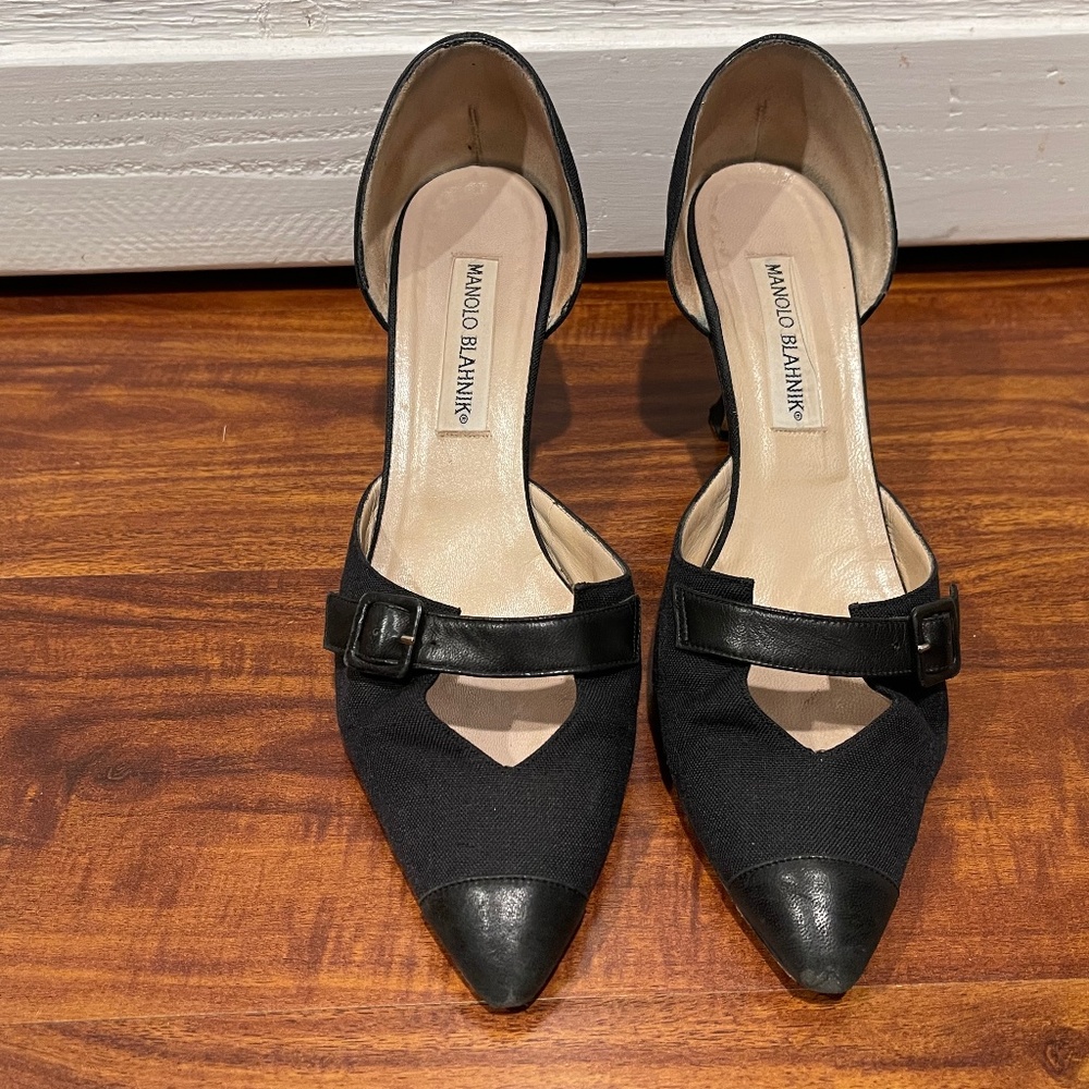 Manolo Blahnik Linen and Leather Kitten Heels